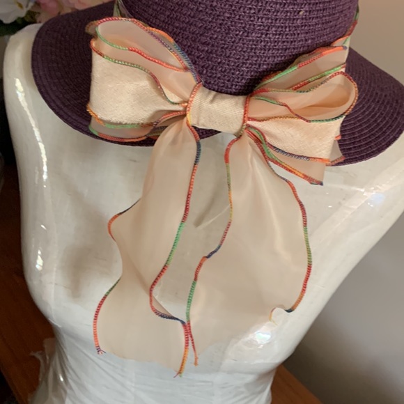 Wide brim straw sun hat with ribbon, EUC - Picture 3 of 11
